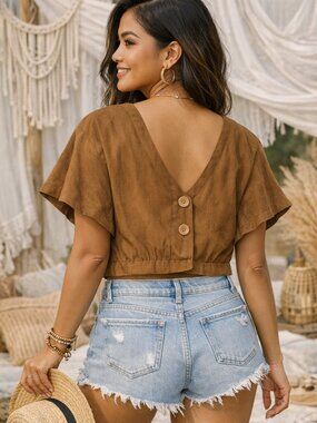 free people cropped linen top in brown sz small
